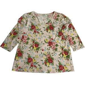 The Pioneer Woman Floral V-Neck Top Medium Pink Red Yellow 3/4 Sleeve Knit